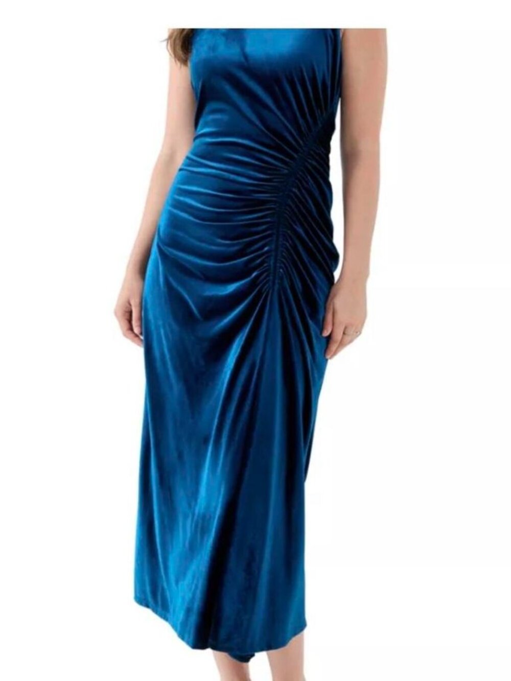 Sleeveless Blue Velvet Ruched Sheath Dress